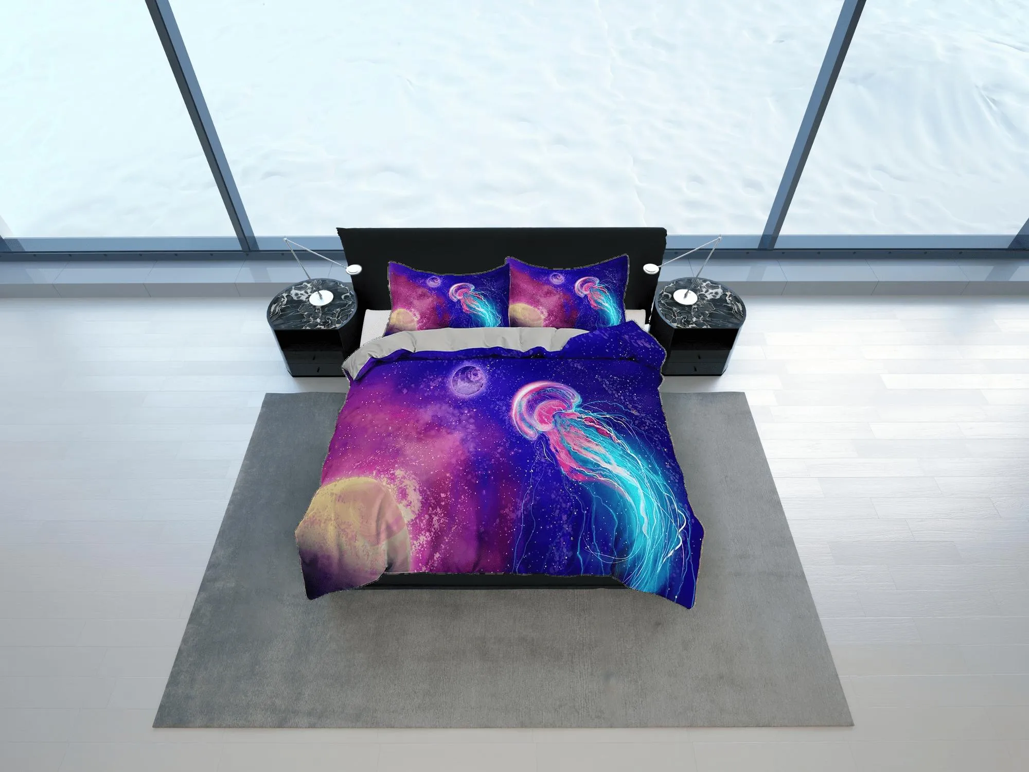 Galaxy jellyfish bedding colorful duvet cover, ocean blush sea animal bedding set full king queen twin crib toddler, dorm bedding gift