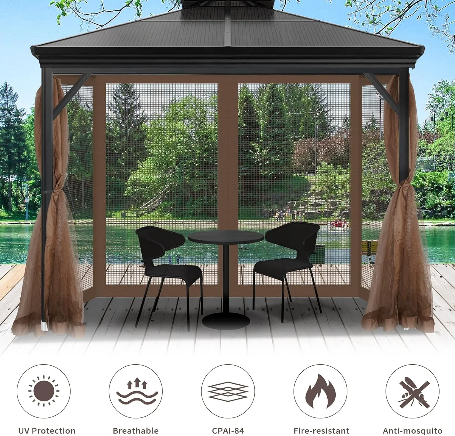 Gazebo Universal Replacement Mosquito Netting, 10' X 10' Outdoor Canopy Net Screen 4-Panel Sidewall Gazebo Curtains, with Zippers, Easy to Install, Fit for Most Gazebo 10X10 Canopy，Patio （Brown）