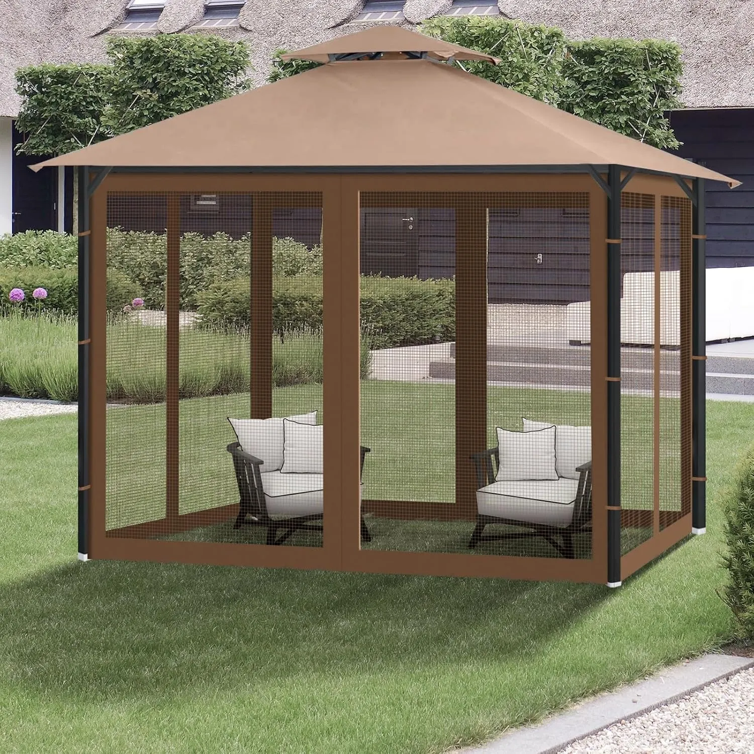 Gazebo Universal Replacement Mosquito Netting, 10' X 10' Outdoor Canopy Net Screen 4-Panel Sidewall Gazebo Curtains, with Zippers, Easy to Install, Fit for Most Gazebo 10X10 Canopy，Patio （Brown）