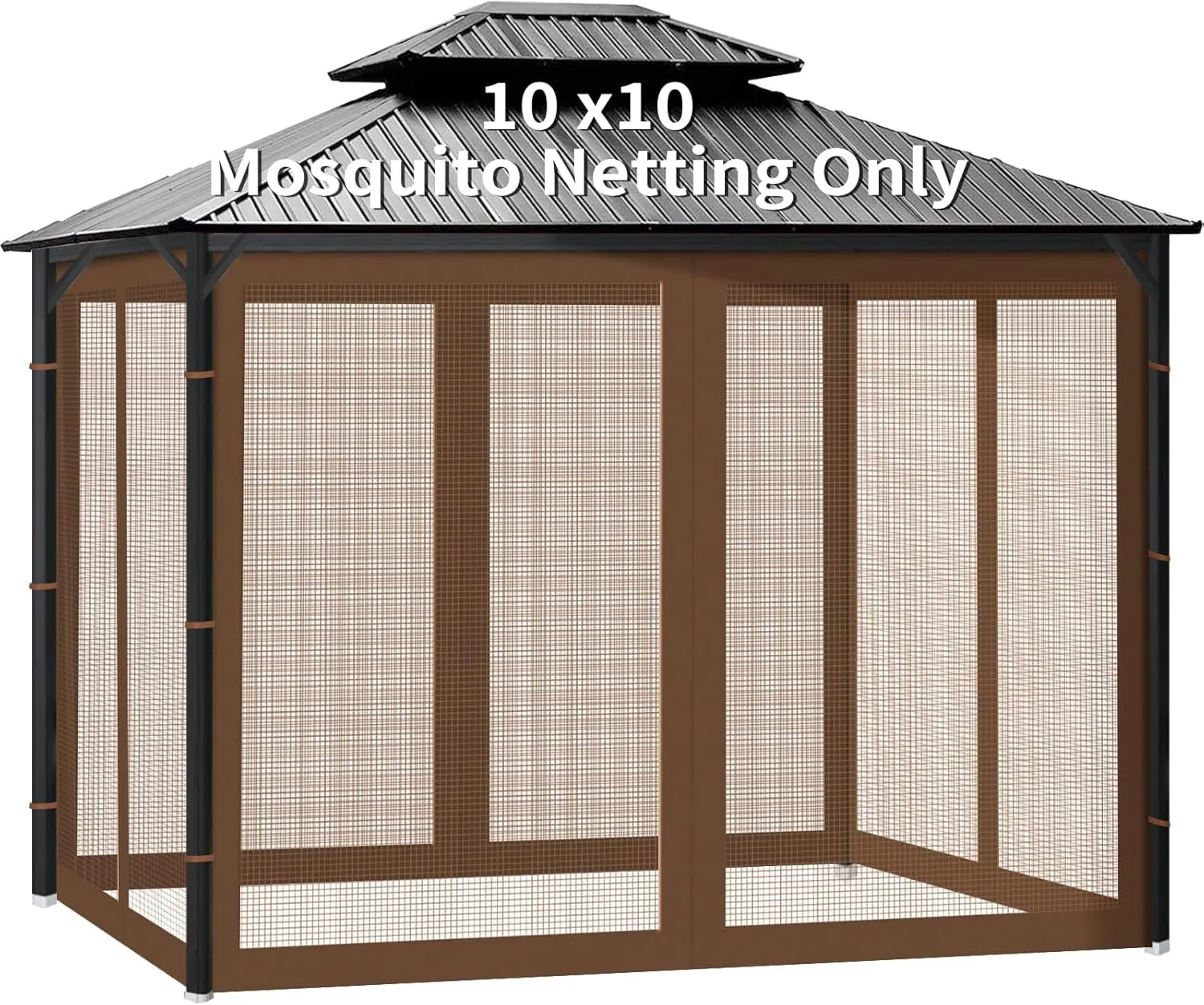 Gazebo Universal Replacement Mosquito Netting, 10' X 10' Outdoor Canopy Net Screen 4-Panel Sidewall Gazebo Curtains, with Zippers, Easy to Install, Fit for Most Gazebo 10X10 Canopy，Patio （Brown）