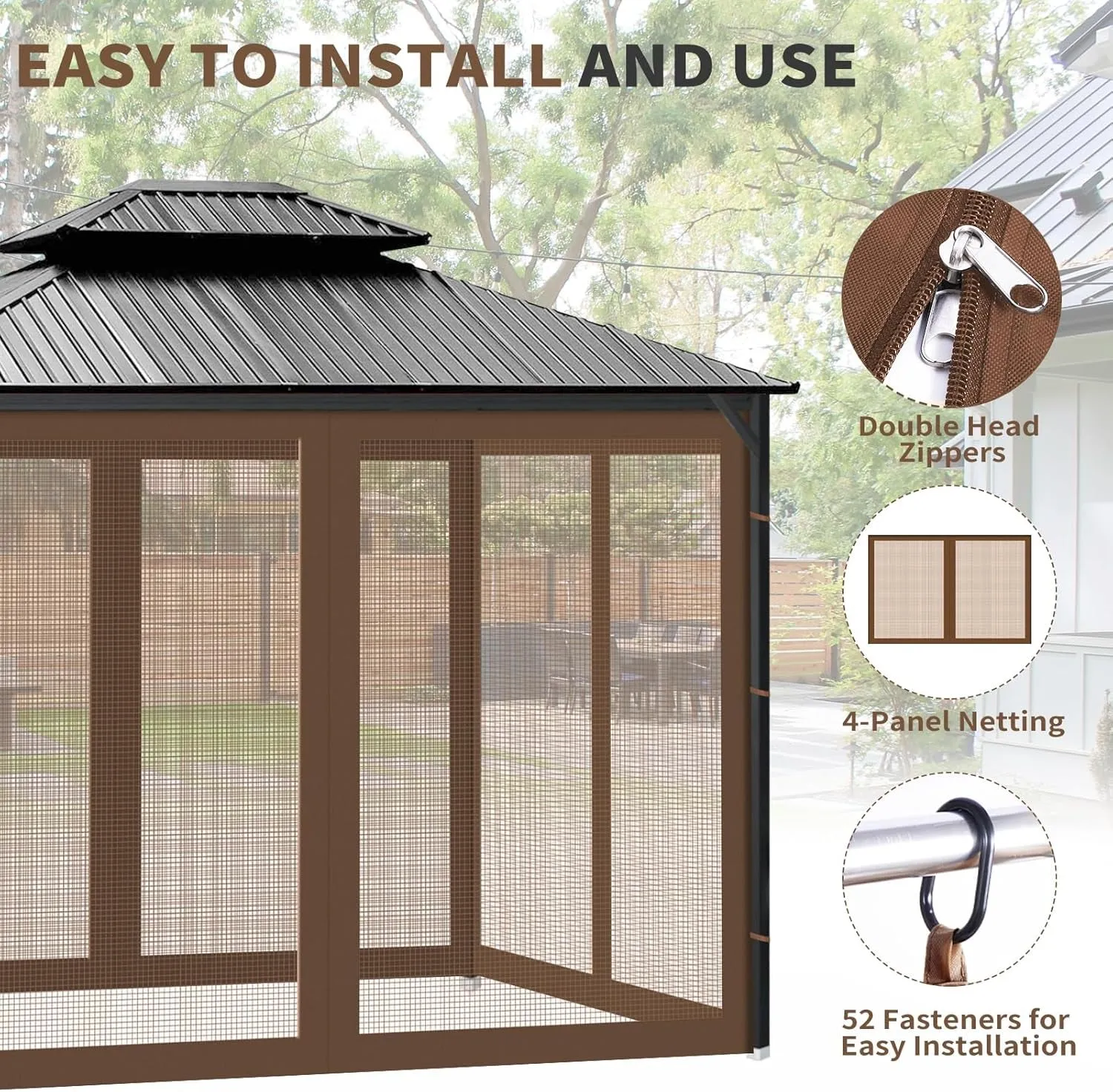 Gazebo Universal Replacement Mosquito Netting, 10' X 10' Outdoor Canopy Net Screen 4-Panel Sidewall Gazebo Curtains, with Zippers, Easy to Install, Fit for Most Gazebo 10X10 Canopy，Patio （Brown）