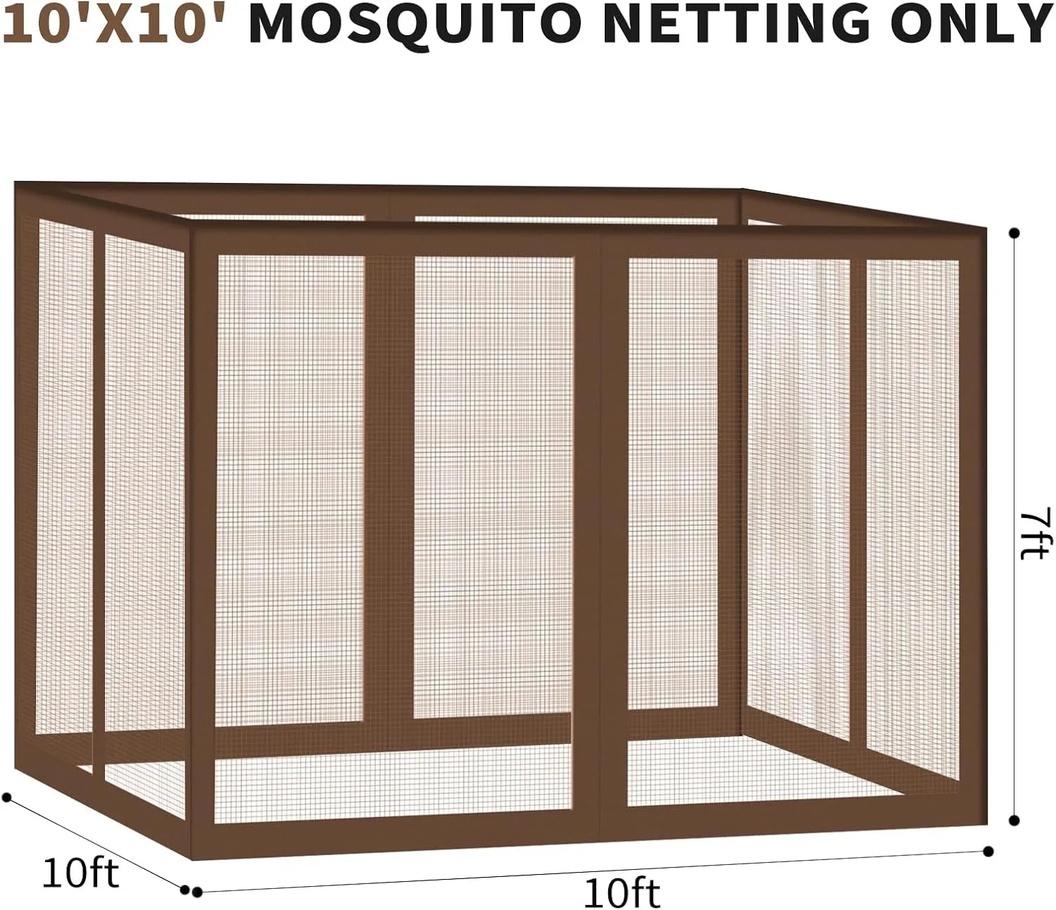 Gazebo Universal Replacement Mosquito Netting, 10' X 10' Outdoor Canopy Net Screen 4-Panel Sidewall Gazebo Curtains, with Zippers, Easy to Install, Fit for Most Gazebo 10X10 Canopy，Patio （Brown）