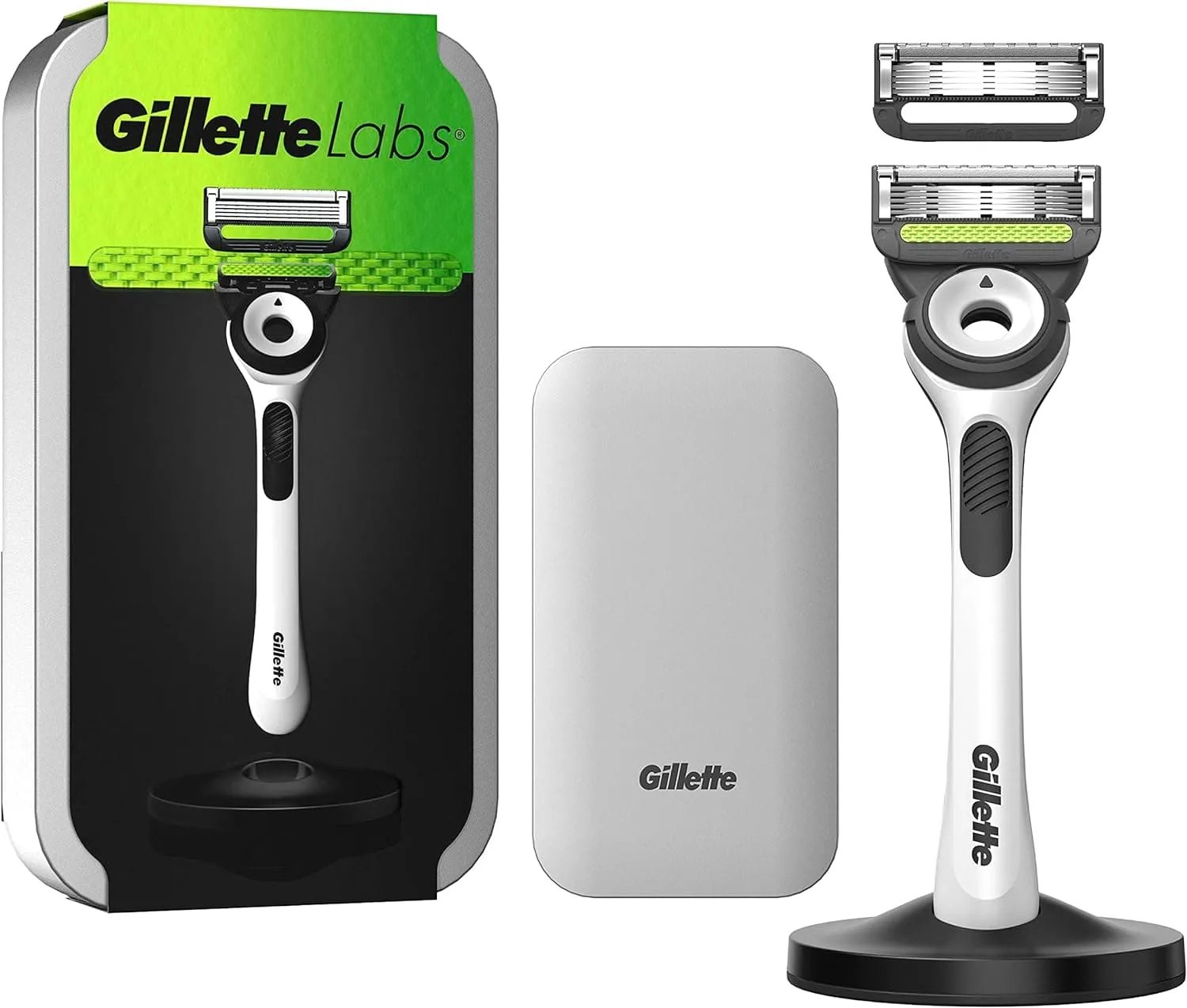 Gillette Labs Men's White Razor with Exfoliating Bar, 1 Handle   2 Blade Refills, Travel Case and Stand