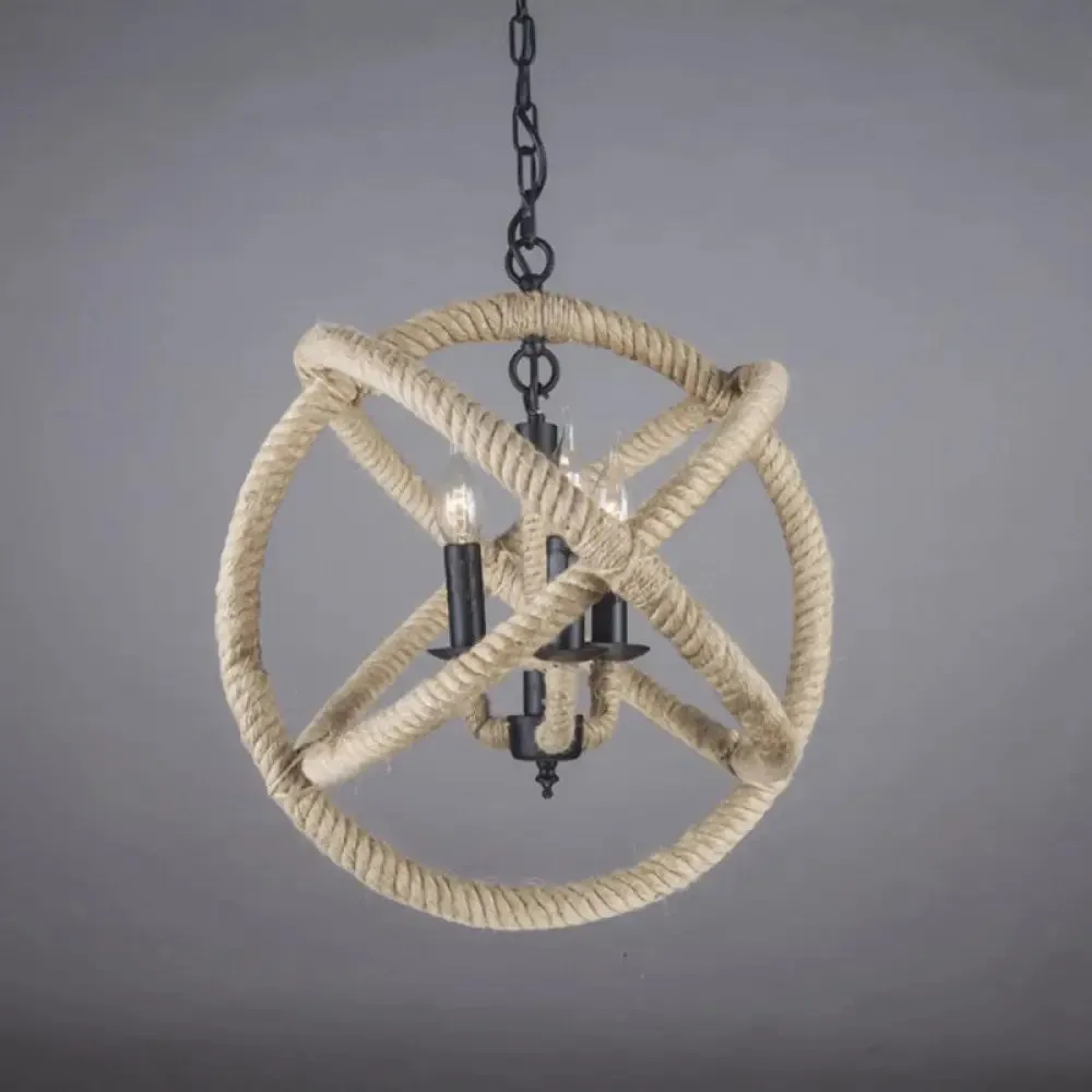 Globe Pendant Chandelier with Hemp Rope Accent - White Orbit Design, 3-Bulb Ceiling Light for Farmhouse Dining Room