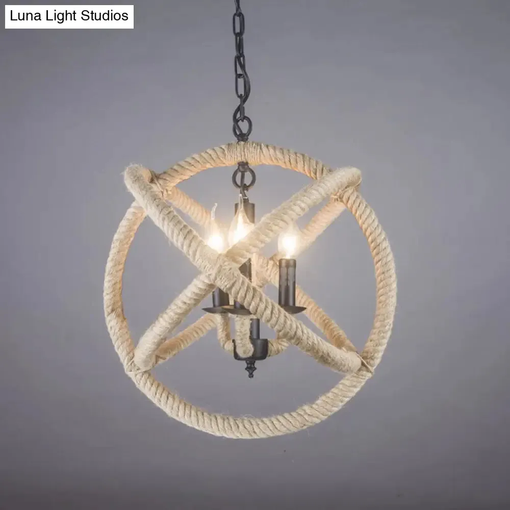 Globe Pendant Chandelier with Hemp Rope Accent - White Orbit Design, 3-Bulb Ceiling Light for Farmhouse Dining Room