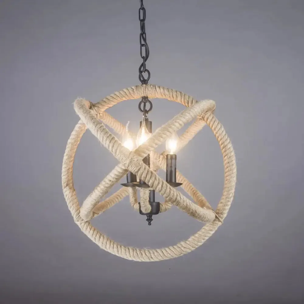 Globe Pendant Chandelier with Hemp Rope Accent - White Orbit Design, 3-Bulb Ceiling Light for Farmhouse Dining Room