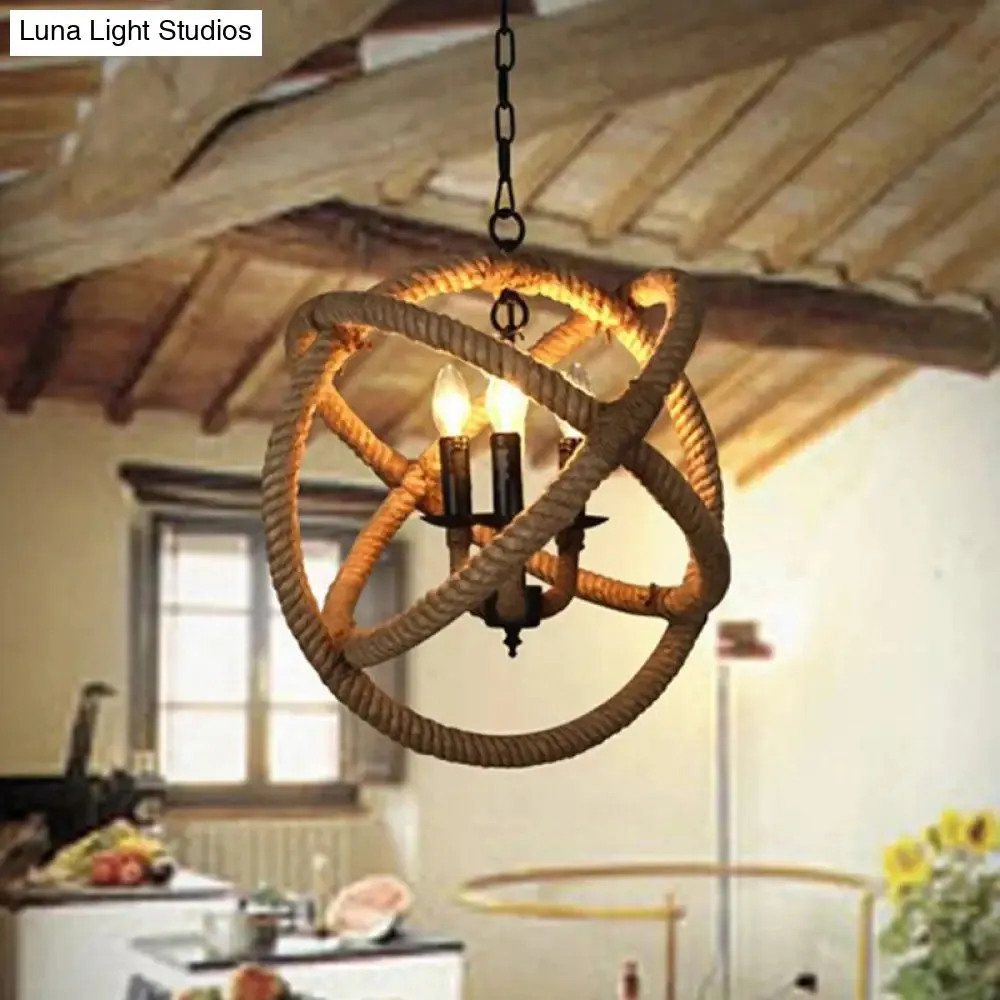 Globe Pendant Chandelier with Hemp Rope Accent - White Orbit Design, 3-Bulb Ceiling Light for Farmhouse Dining Room