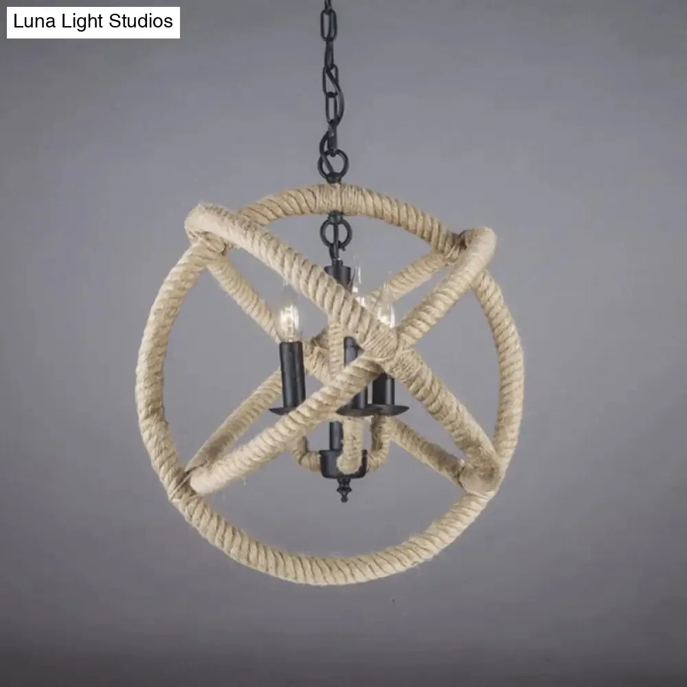 Globe Pendant Chandelier with Hemp Rope Accent - White Orbit Design, 3-Bulb Ceiling Light for Farmhouse Dining Room