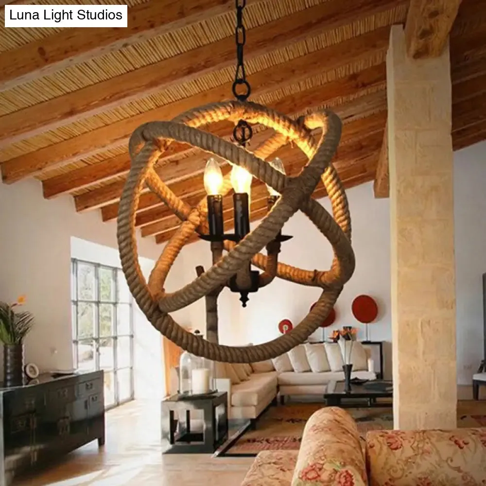 Globe Pendant Chandelier with Hemp Rope Accent - White Orbit Design, 3-Bulb Ceiling Light for Farmhouse Dining Room