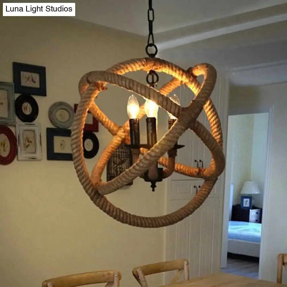 Globe Pendant Chandelier with Hemp Rope Accent - White Orbit Design, 3-Bulb Ceiling Light for Farmhouse Dining Room