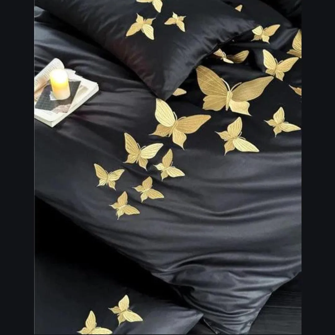 Golden Butterfly Embroidered Bedding Set