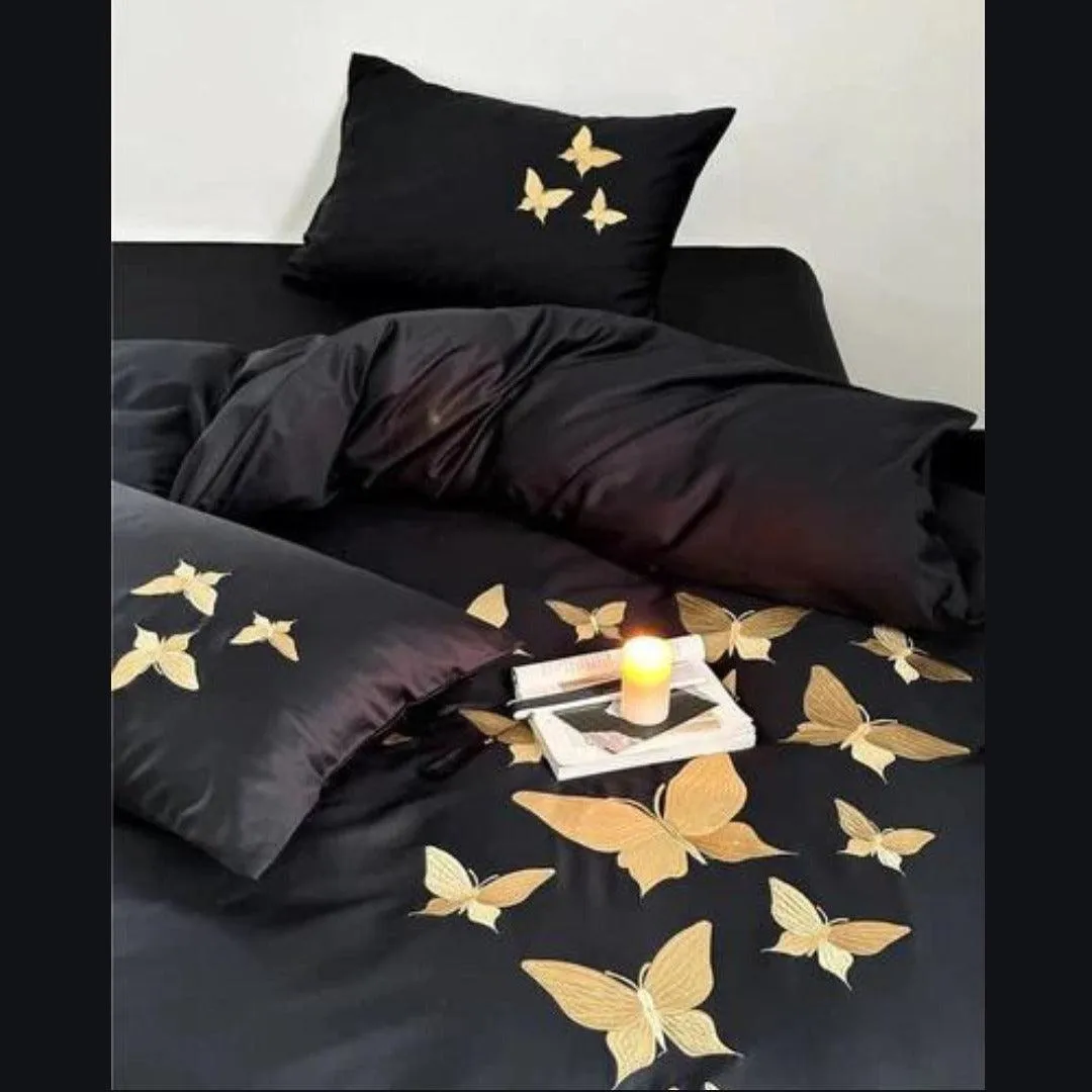 Golden Butterfly Embroidered Bedding Set