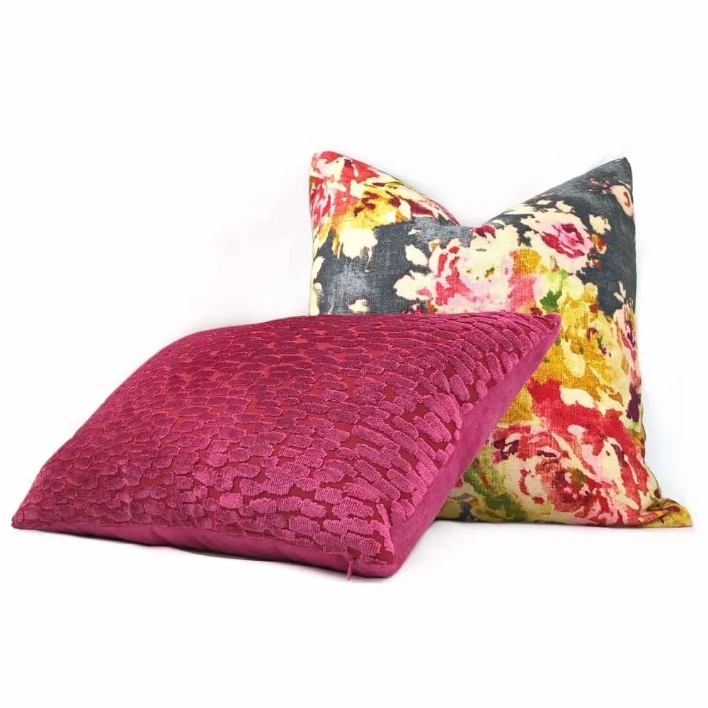 Graphite Gray Pink Aphrodite Floral Cotton Linen Print Pillow Cover