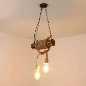 Handmade 2-Head Hemp Rope Pendant Chandelier with Lodge Brown Exposed Bulbs