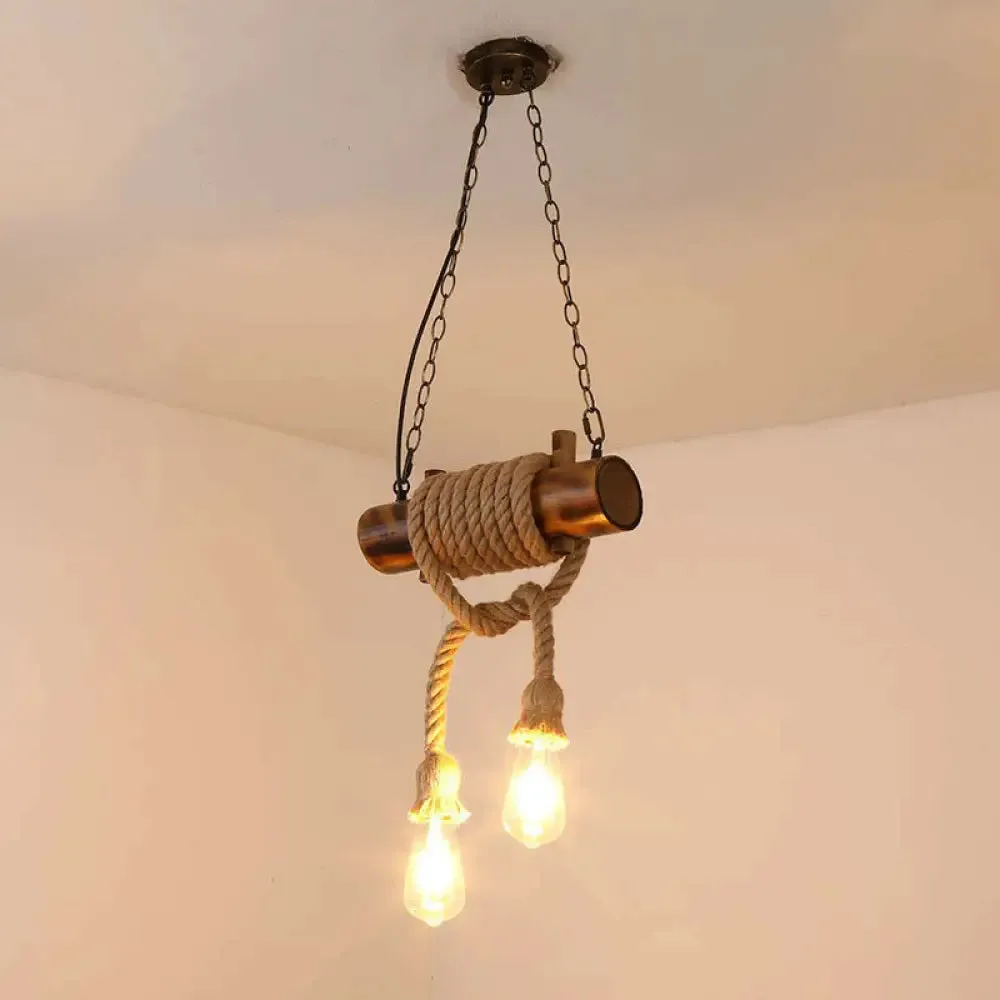 Handmade 2-Head Hemp Rope Pendant Chandelier with Lodge Brown Exposed Bulbs