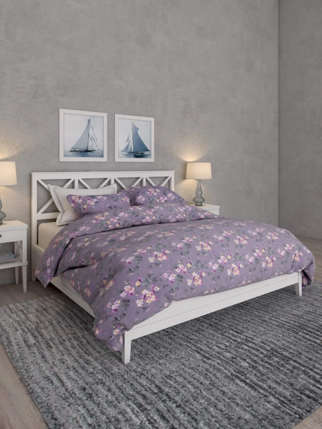 haus & kinder 100% Cotton Queen Size Bedsheet for Double Bed, 1 Cotton Bed Sheet Double Bed (90 X 100 Inches) with 2 Pillow Covers | 186 TC Bed Sheet Double Bed Cotton Chic Floral Art (Violet Grey)