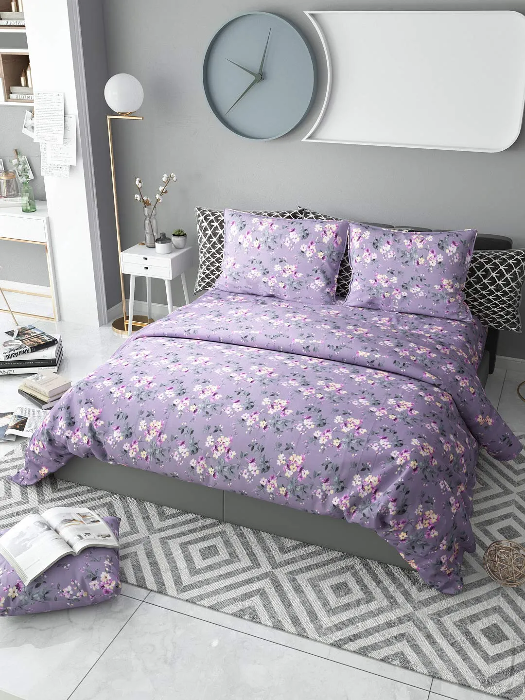 haus & kinder 100% Cotton Queen Size Bedsheet for Double Bed, 1 Cotton Bed Sheet Double Bed (90 X 100 Inches) with 2 Pillow Covers | 186 TC Bed Sheet Double Bed Cotton Chic Floral Art (Violet Grey)