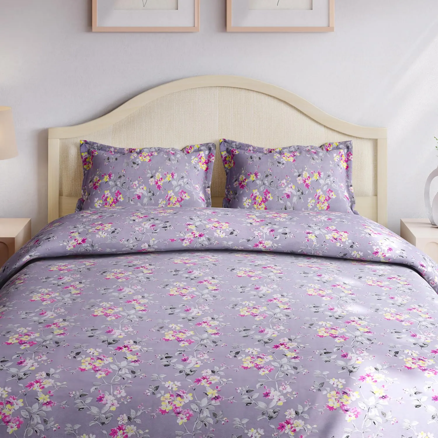 haus & kinder 100% Cotton Queen Size Bedsheet for Double Bed, 1 Cotton Bed Sheet Double Bed (90 X 100 Inches) with 2 Pillow Covers | 186 TC Bed Sheet Double Bed Cotton Chic Floral Art (Violet Grey)