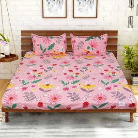 Heart Home Fitted Double Bedsheet|Glace Cotton Floral Print Bedsheet with 2 Pillow Covers for Living Room|Bedroom|6x6 Feet (Pink)