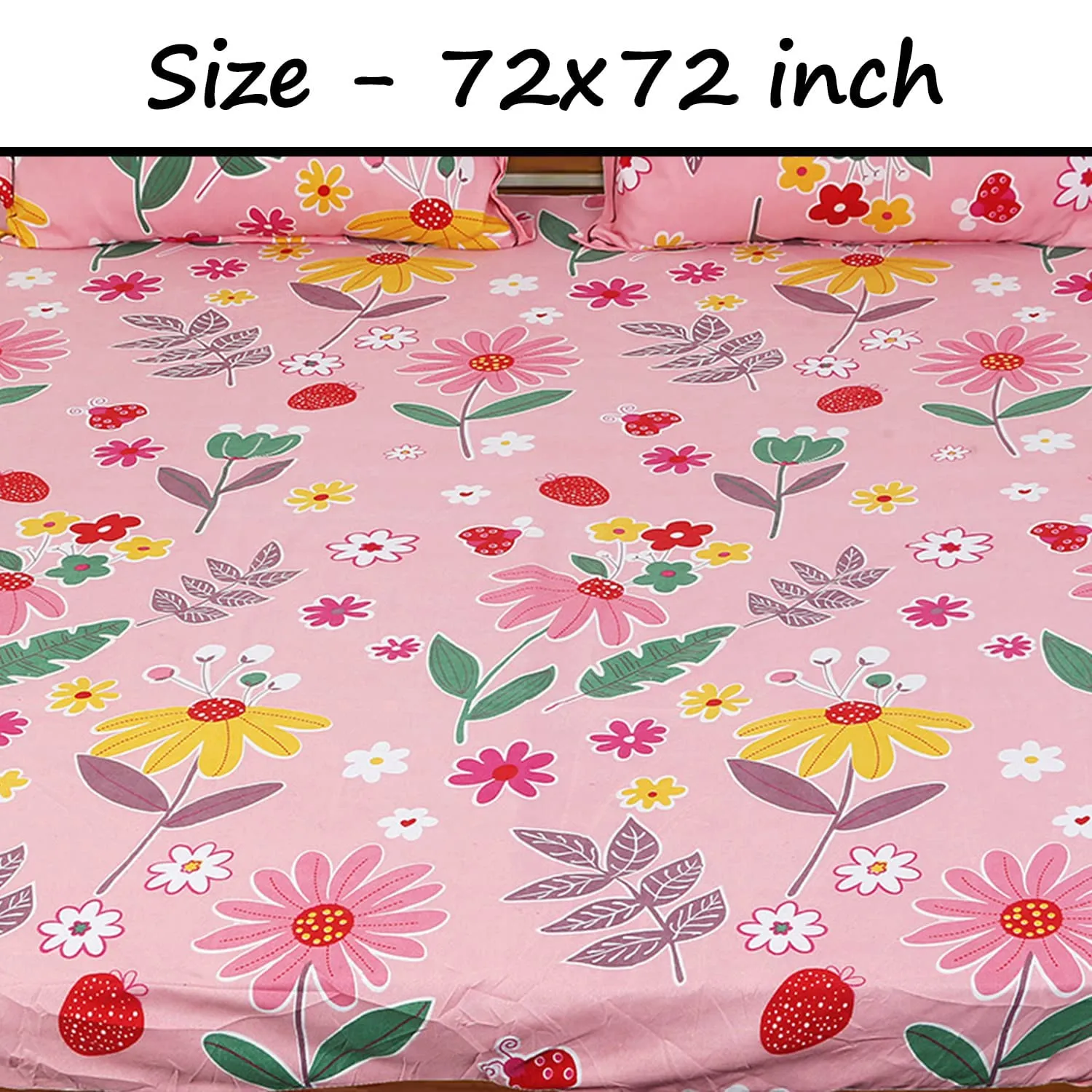 Heart Home Fitted Double Bedsheet|Glace Cotton Floral Print Bedsheet with 2 Pillow Covers for Living Room|Bedroom|6x6 Feet (Pink)