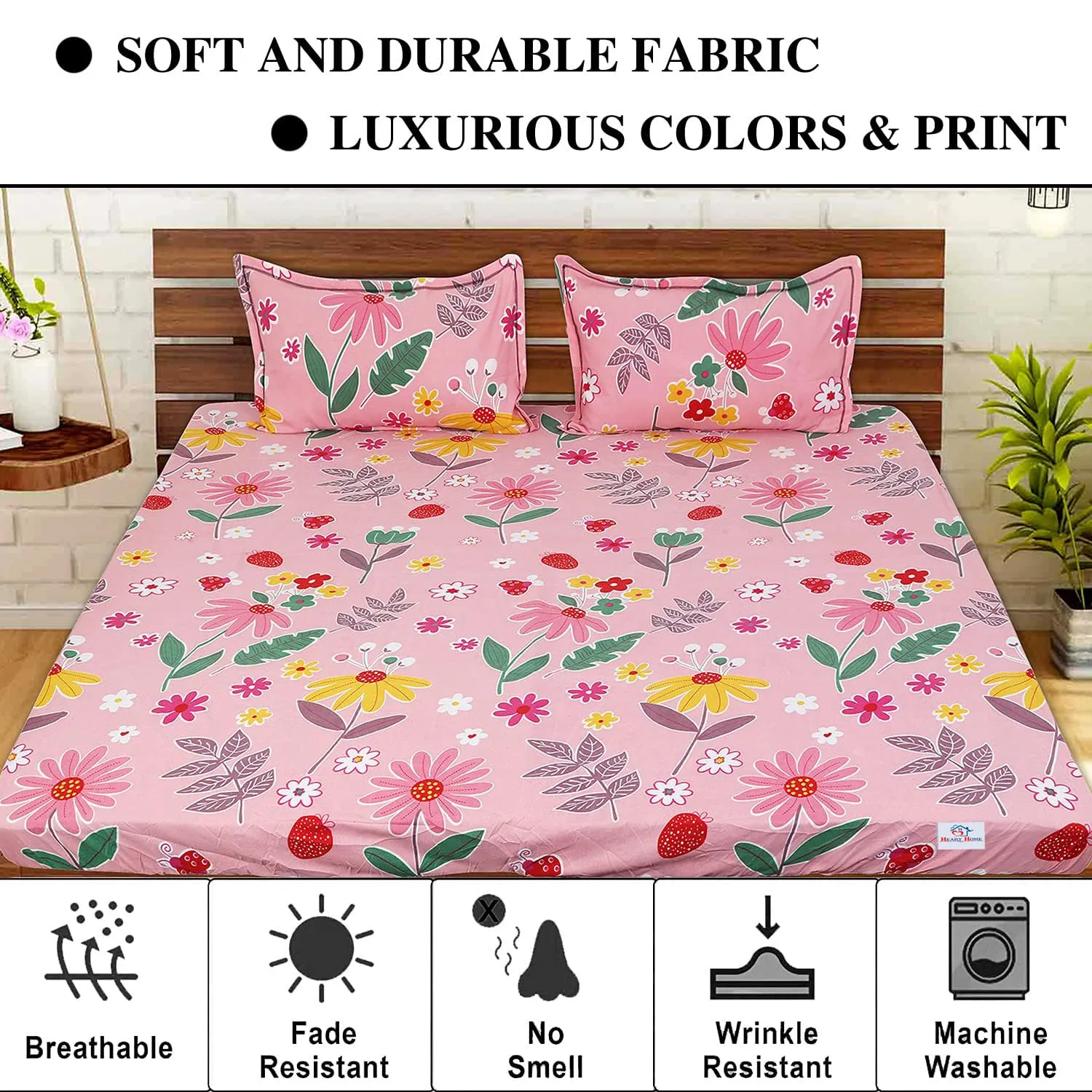 Heart Home Fitted Double Bedsheet|Glace Cotton Floral Print Bedsheet with 2 Pillow Covers for Living Room|Bedroom|6x6 Feet (Pink)