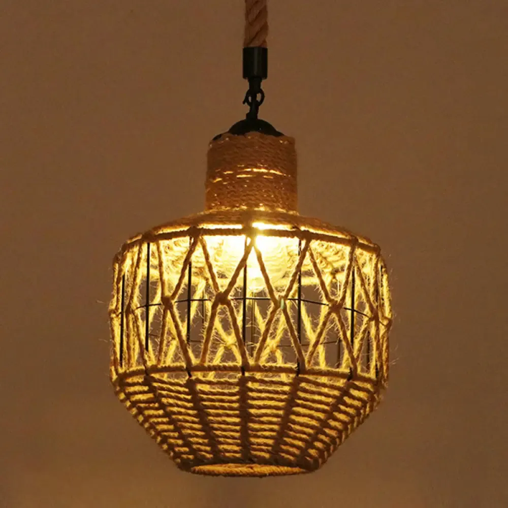 Hemp Rope Industrial Ceiling Pendant Light - Flaxen Single Hanging Fixture for Restaurants