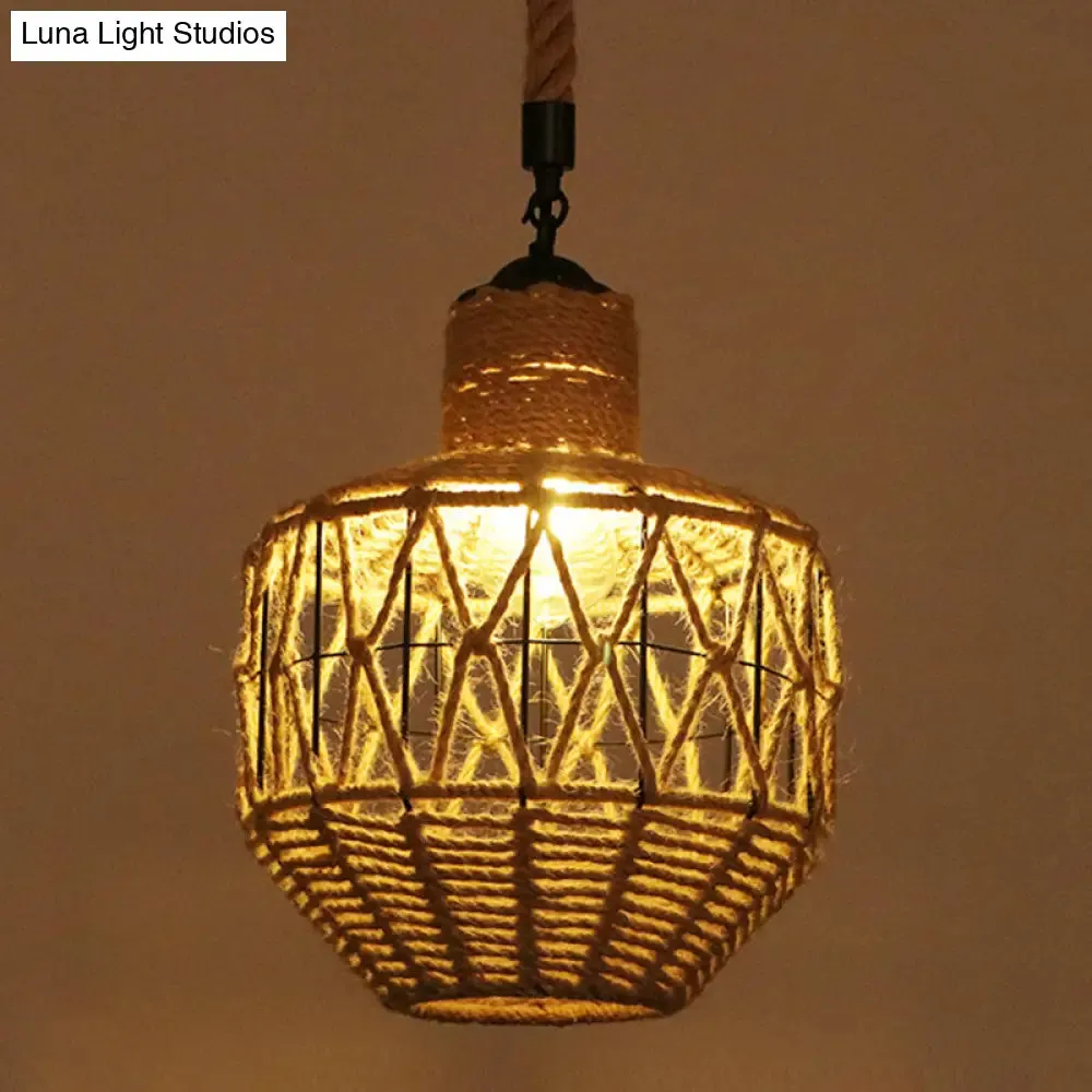 Hemp Rope Industrial Ceiling Pendant Light - Flaxen Single Hanging Fixture for Restaurants