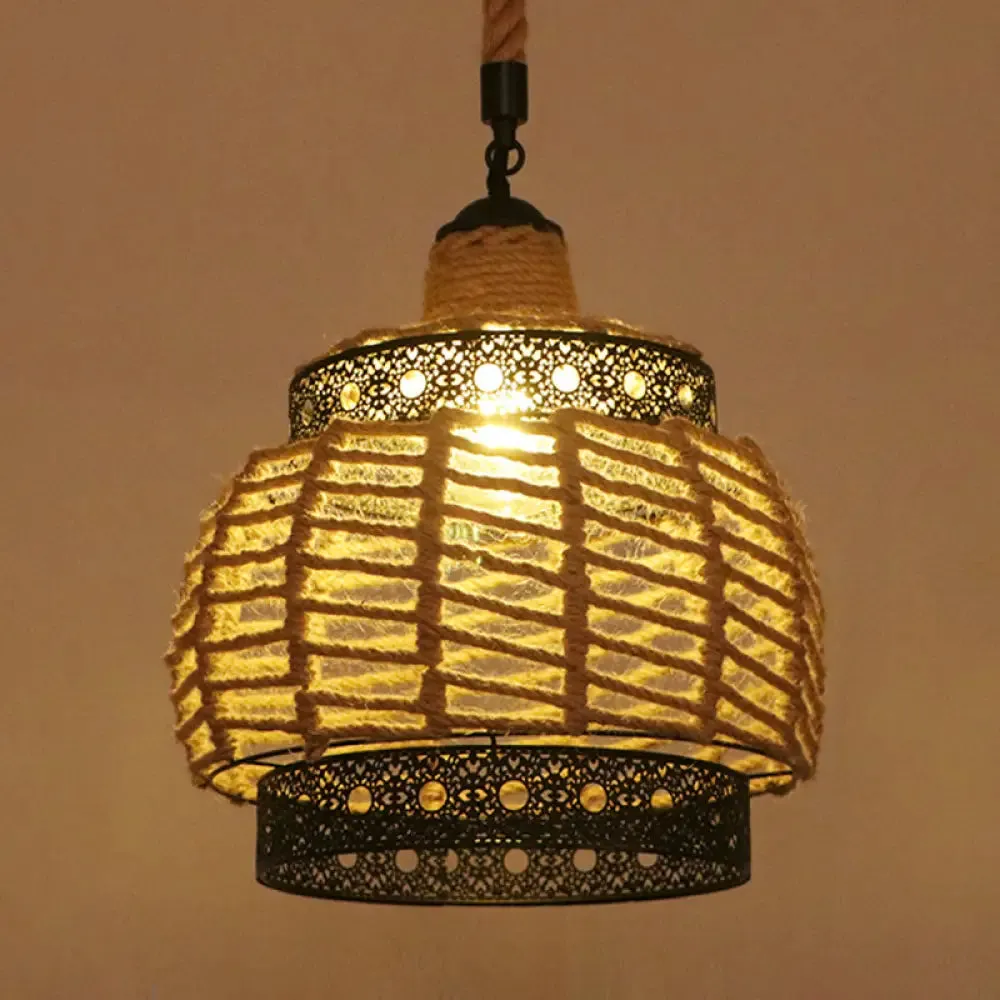 Hemp Rope Industrial Ceiling Pendant Light - Flaxen Single Hanging Fixture for Restaurants