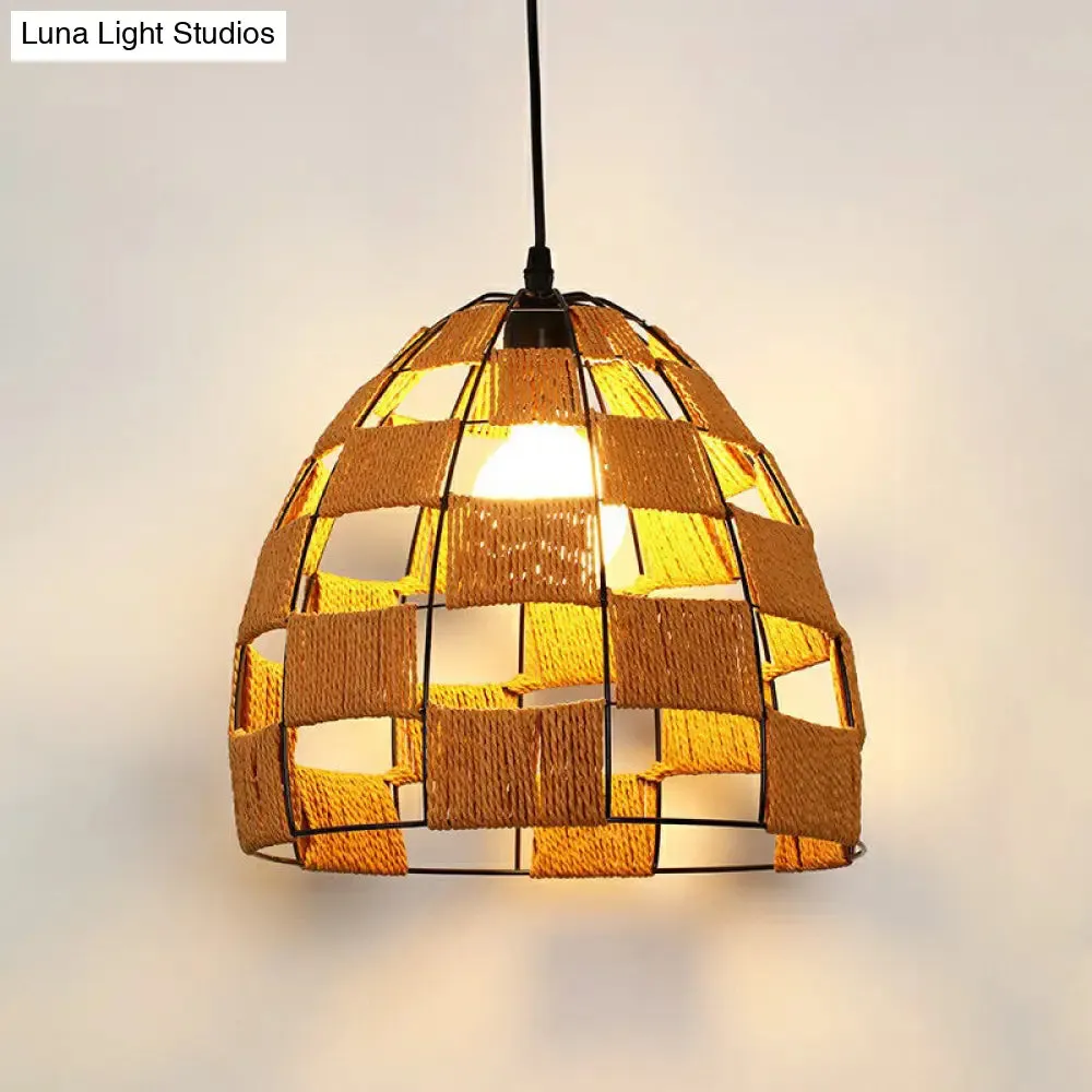 Hemp Rope Shaded Pendant Light - Antique 1-Light Hanging Fixture for Restaurants in Brown