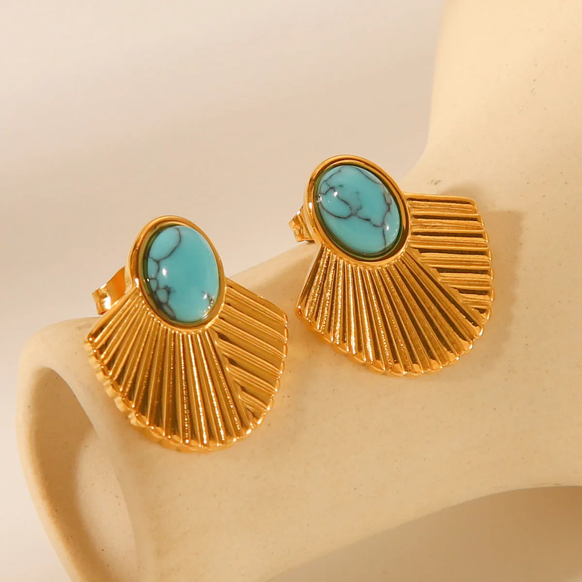 IG Style Fan-Shape Geometric Stainless Steel Gem Inlay Earrings