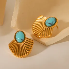 IG Style Fan-Shape Geometric Stainless Steel Gem Inlay Earrings