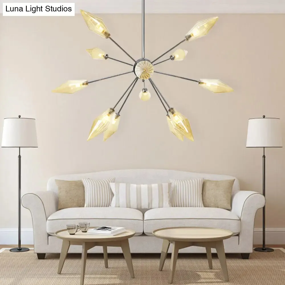 Industrial Amber/Clear Pendant Chandelier with Diamond Glass Shade - 9/12/15 Lights - Living Room Hanging Lamp