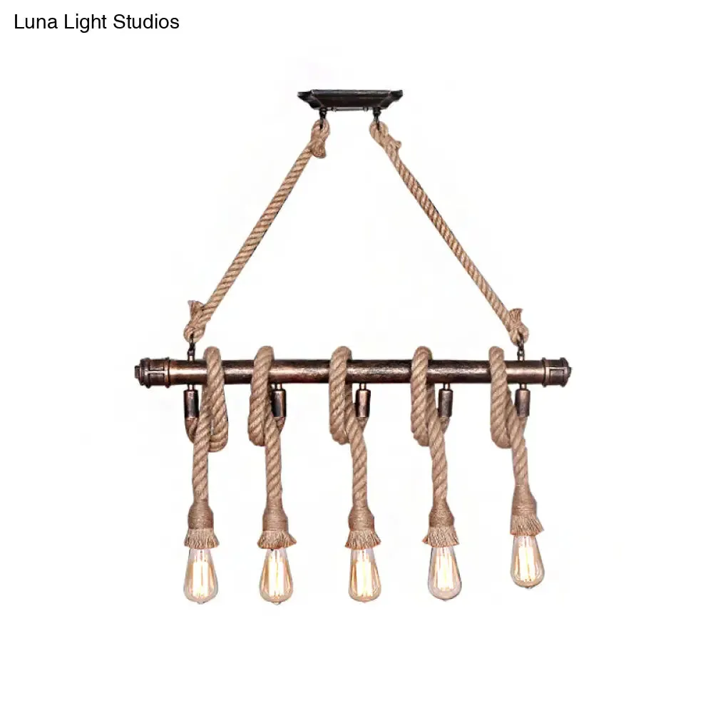 Industrial Beige Metal Island Pendant Light for Dining Room with Rope Accent - 3/5 Heads Open Bulb, Warehouse Style