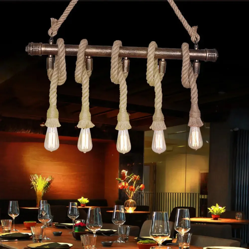 Industrial Beige Metal Island Pendant Light for Dining Room with Rope Accent - 3/5 Heads Open Bulb, Warehouse Style