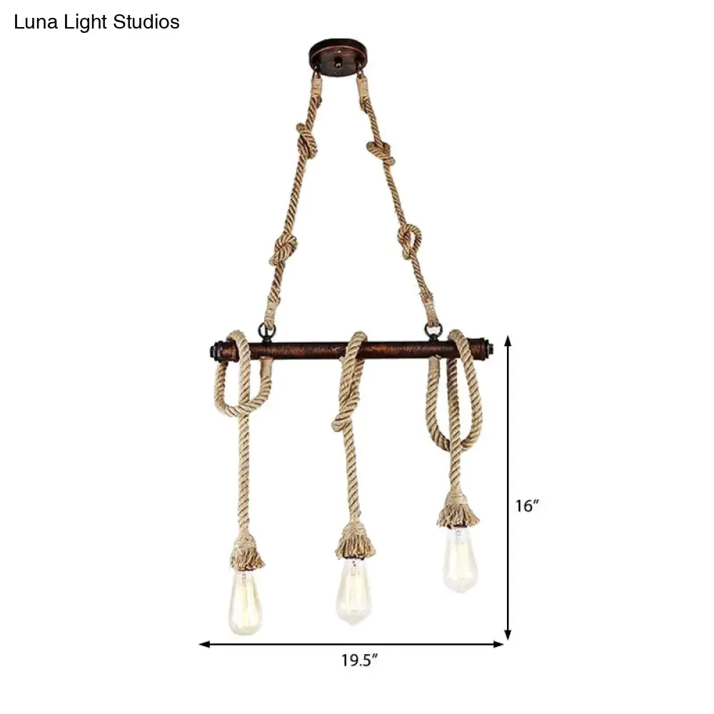 Industrial Beige Metal Island Pendant Light for Dining Room with Rope Accent - 3/5 Heads Open Bulb, Warehouse Style