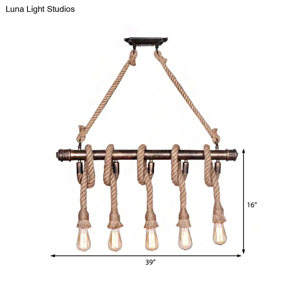 Industrial Beige Metal Island Pendant Light for Dining Room with Rope Accent - 3/5 Heads Open Bulb, Warehouse Style