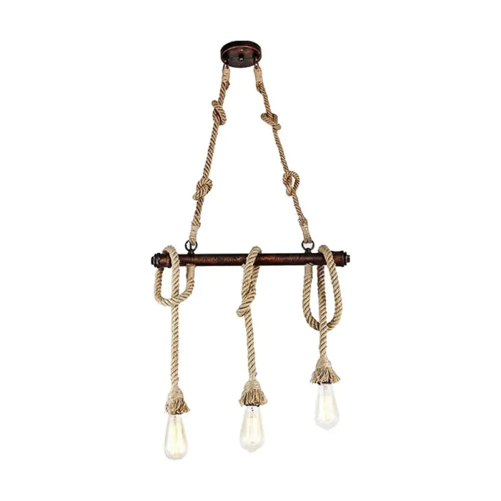 Industrial Beige Metal Island Pendant Light for Dining Room with Rope Accent - 3/5 Heads Open Bulb, Warehouse Style