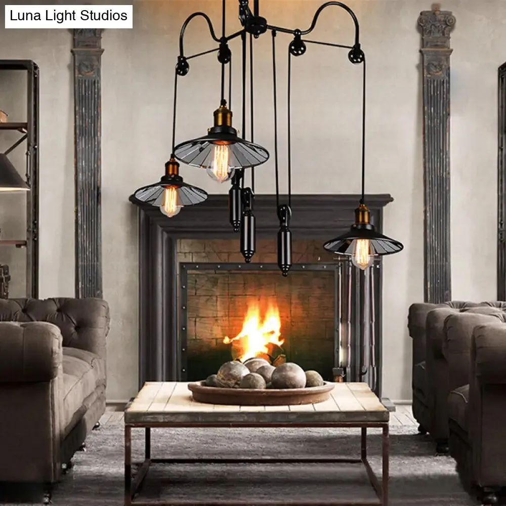 Industrial Black Pendant Light with 3 Metal Heads, Pulley and Cord - Perfect for Living Room