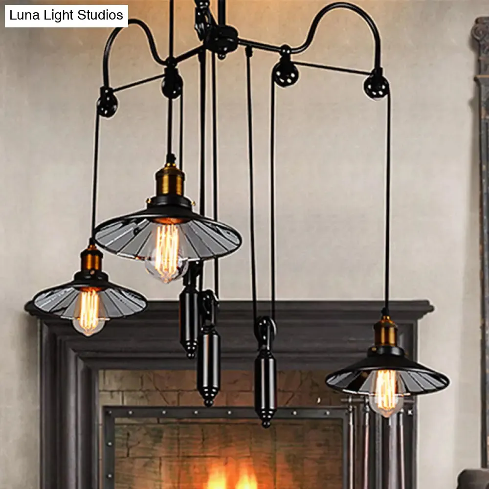 Industrial Black Pendant Light with 3 Metal Heads, Pulley and Cord - Perfect for Living Room