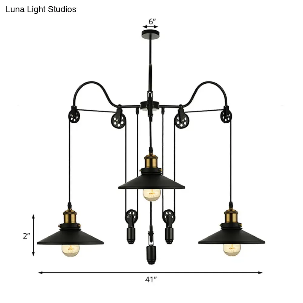 Industrial Black Pendant Light with 3 Metal Heads, Pulley and Cord - Perfect for Living Room