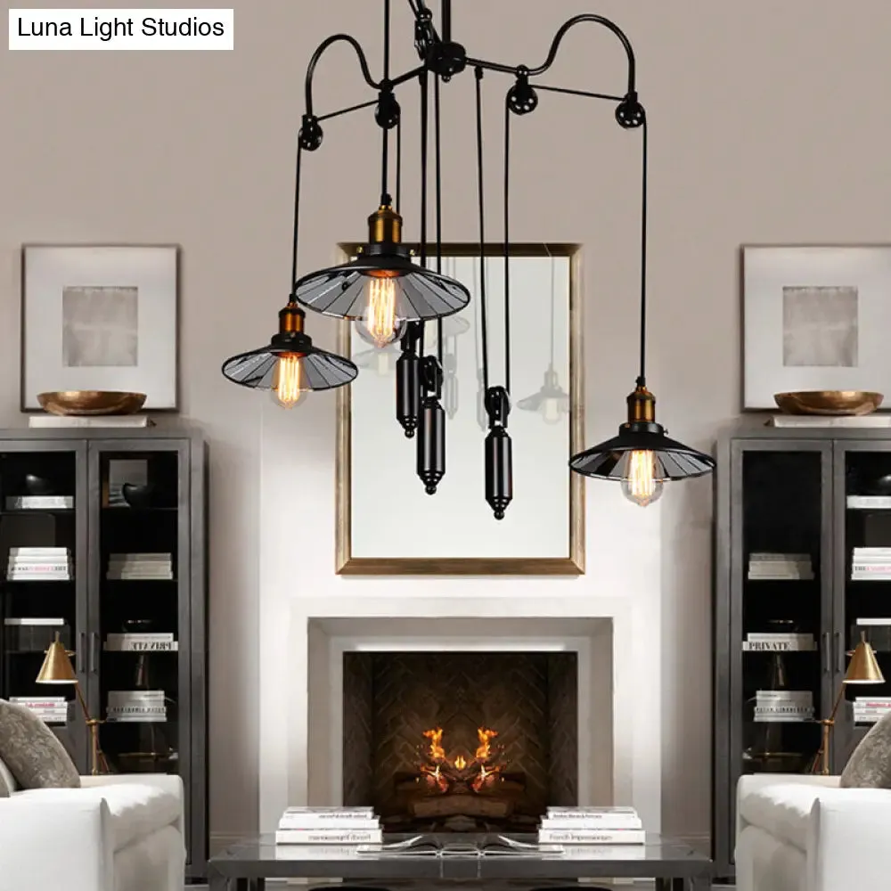 Industrial Black Pendant Light with 3 Metal Heads, Pulley and Cord - Perfect for Living Room