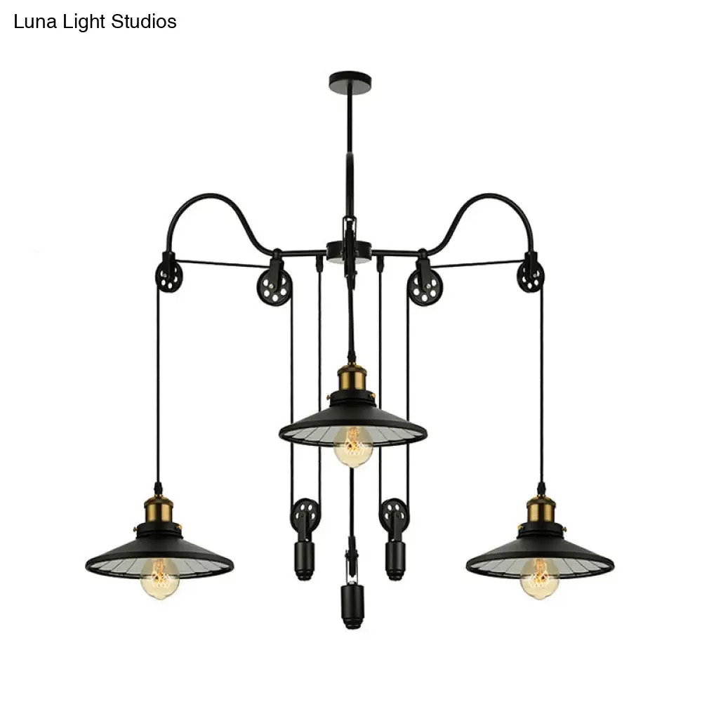 Industrial Black Pendant Light with 3 Metal Heads, Pulley and Cord - Perfect for Living Room