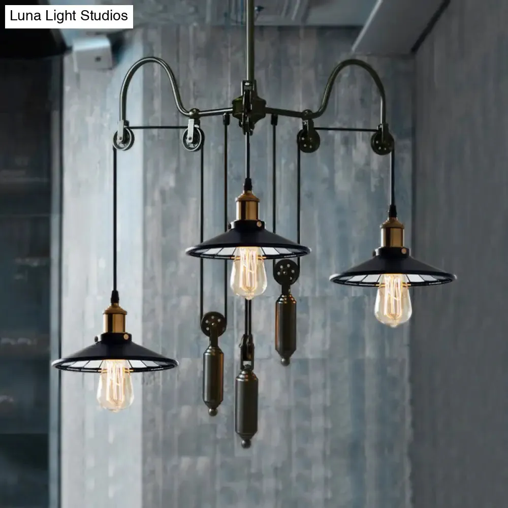 Industrial Black Pendant Light with 3 Metal Heads, Pulley and Cord - Perfect for Living Room