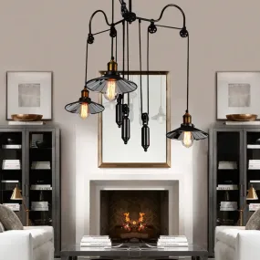 Industrial Black Pendant Light with 3 Metal Heads, Pulley and Cord - Perfect for Living Room