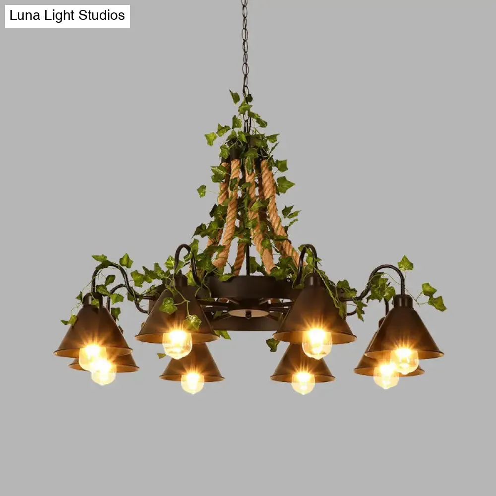 Industrial Cone Ceiling Chandelier - Hemp Rope LED Hanging Light Fixture, 8 Bulbs, Black with Plant Décor