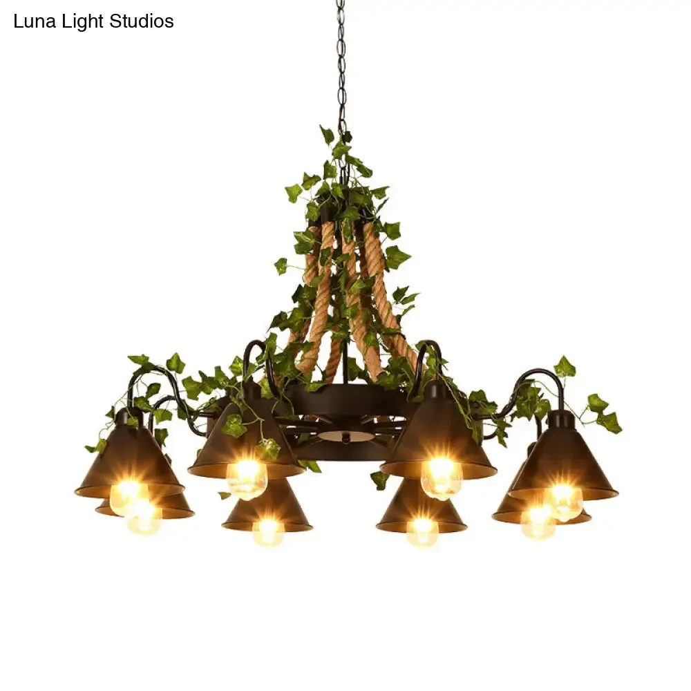 Industrial Cone Ceiling Chandelier - Hemp Rope LED Hanging Light Fixture, 8 Bulbs, Black with Plant Décor