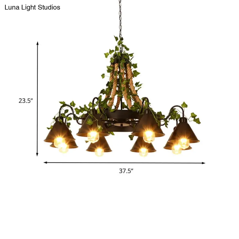 Industrial Cone Ceiling Chandelier - Hemp Rope LED Hanging Light Fixture, 8 Bulbs, Black with Plant Décor