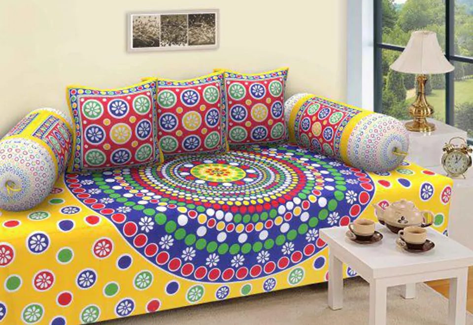 Jaipuri Design Single Bedsheet ( 100% cotton, 6pc set, Diwan set )