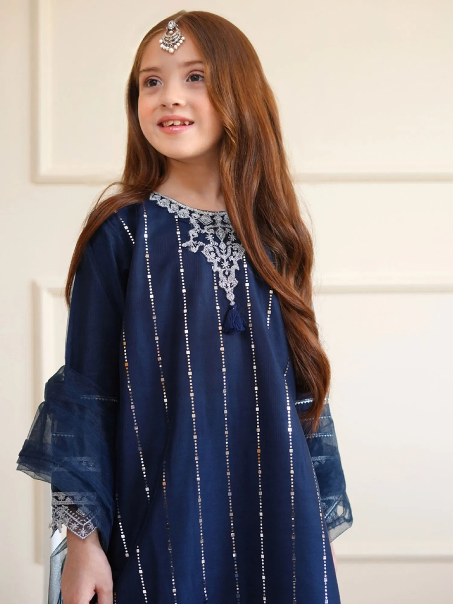 Kids Navy Blue Embroidered Net Suit