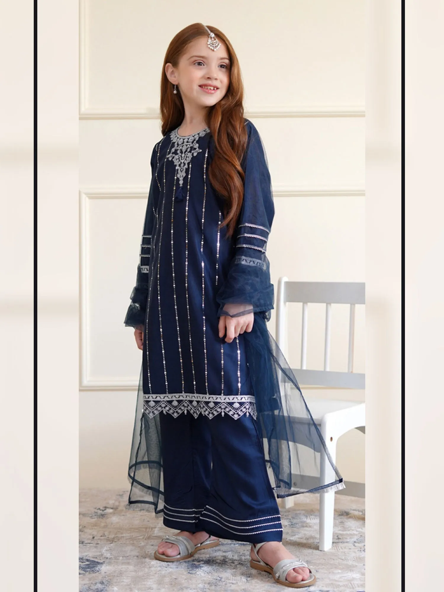 Kids Navy Blue Embroidered Net Suit